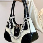 Canvas Splicing Shoulder Bags in Patent Leather and Chain