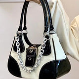 Canvas Splicing Shoulder Bags in Patent Leather and Chain