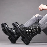 Rev up Your Style with Leather Motorcycle Mid-calf Military Combat Gothic Belt Punk Boots