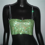 Sequin Shiny Crystal Chain Tank Top Glitter Metal Mesh Halter Metallic Strap Crop Top - Alt Style Clothing