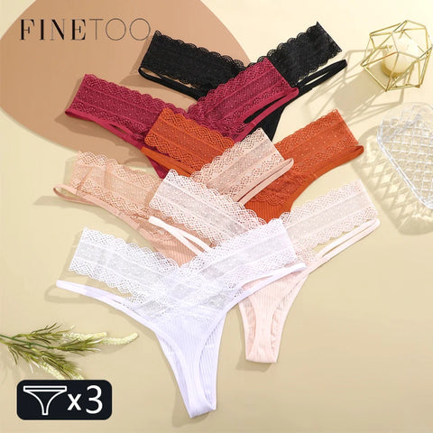 3Pcs Floral Lace Thongs - Patchwork Striped Elegance