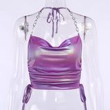 Purple Sleeveless PU Leather Crop Top for Clubwear