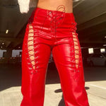 High-Waisted Faux Leather Skinny Pants with Lace-Up and Hollow-Out Detailing