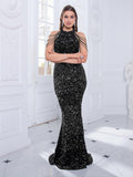 Sexy Halter Sleeveless Party Stretch Sequin Long Evening Prom Dress - Alt Style Clothing