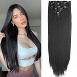 7-Piece Black Ombre Long Straight Hair Extensions - Heat-Resistant Clip-In Set