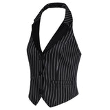 Elegant Striped Waistcoat Vest with Halter Neck and V-Neck Design