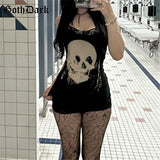 Goth Dark Anime Skull Print Mini Dress with Lace and Spaghetti Straps