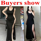 Sleeveless Strap Slim Fit Side Slit Irregular Maxi Dress - Alt Style Clothing