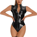 Glossy Leather Tank Bodysuit With Front Zipper