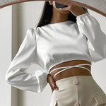 Elegant Satin Backless Lace-Up Crop Top with Lantern Sleeves