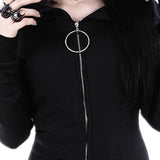 Black Zip-Up Women's Punk Hoodie with Iron Ring Hooded Jacket