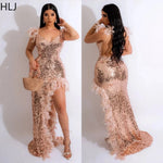 Sequined High-Slit Maxi Dress with Feather Details