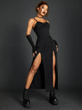 Bold Shade Punk Gothic High Split Backless Club Dress - Ruched Midi Partydress