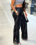 High-Waisted Studded PU Leather Wide Leg Pants – Bold Style with Pocket Detail