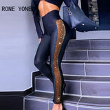 Sexy Plain Rhinestone Contrast Mesh High Waist Skinny Leggings