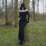 Gothic Hooded Knit Maxi Off Shoulder Ribbed Bodycon Long Sleeve Dark Style Dress