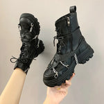 Punk Leather Ankle Boots – Mid-Heel Lace-Up Worker Style with Chain Detail