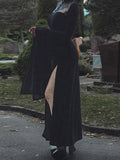 Gothic Black High-Waist Maxi Dress with Flare Sleeves and Lace Cutout