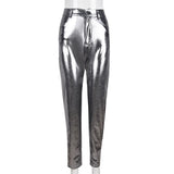 High-Waisted Silver Bright Pencil Pants - Stretchy and Perfect for Party or Club Wear