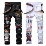 Punk Skinny Denim Jeans with Printed Design - Mid Waist, Light Wash