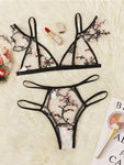 Floral Embroidery Sheer Mesh Lingerie Set