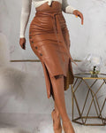 Above Knee Black PU Leather High Waist Bodycon Front Slit Mesh Elegant Midi Skirt - Alt Style Clothing