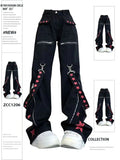 Vintage Emo Gothic Bandage Pants - Dark Academia Low-Waist Wide-Leg Jeans