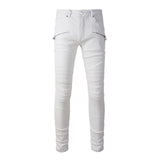 Ripped Patchwork Biker Jeans with Slim Fit and Zippers Detailing
