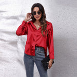 Satin Imitation Silk Button-Up Blouse – Loose Fit Long Sleeve