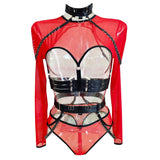 Gothic Sexy Lingerie Set 4 Piece Long Sleeve Mesh Transparent - Alt Style Clothing