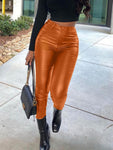 Faux Leather High-Waisted Skinny Pants - Single Button and Zipper Closure for a Sleek and Sexy Look - Alt Style Clothing