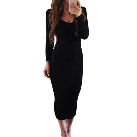 Nadafair Bodycon Knitted Stretchy Long Sleeve Sweater Dress Women
