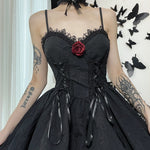 Goth Print Rose Lace Up A Line Backless Fashion V-Neck