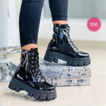 Punk Gothic Combat Boots with Platforms – Patent Leather Lace-Up Style