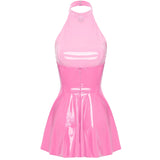 Glossy Patent Leather Halter Skater Mini Dress - Latex Swing Skirt Clubwear