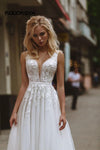 Boho Wedding Dress V-Neck Appliques Lace A-Line Bride Gown - Alt Style Clothing