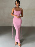 Elegant Concise Solid Lengthen Straped Backless Ruched Bodycon Evening Dress