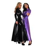 High Collar Long Sleeve Shiny Patent Leather Maxi Dress - Alt Style Clothing