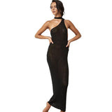 Solid Color Sexy One Shoulder Halter Bandage Backless Knitted Long Dress - Alt Style Clothing