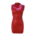 Sleek Sleeveless Ruched PU Leather Mini Dress – Bold and Eye-Catching