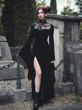 Gothic Black High-Waist Maxi Dress with Flare Sleeves and Lace Cutout