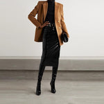 Patent Leather Full Zip Shiny Lady High Waist Knee Length Midi Skirt - Alt Style Clothing