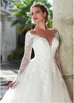 Classic Long-Sleeve Lace Appliques Wedding Gown with Sweep Train