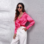 Satin Imitation Silk Button-Up Blouse – Loose Fit Long Sleeve