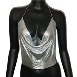 Metal Sequin Tank Top Sexy Deep V-Neck Halter Sparkle Glitter Crop Top - Alt Style Clothing