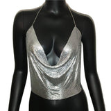 Metal Sequin Tank Top Sexy Deep V-Neck Halter Sparkle Glitter Crop Top - Alt Style Clothing