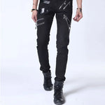 Punk Gothic Stage Performance Jeans with Chain and Multi-Zipper Detail