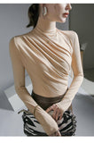 Pleated Stretch Turtleneck Bottoming Pullover Top