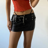 Slim PU Leather Mini Skirt with Sashes – Retro Streetwear Style