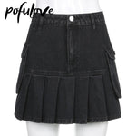 Jeans Mini Skirt Goth Denim Pleated with Big Pockets - Alt Style Clothing